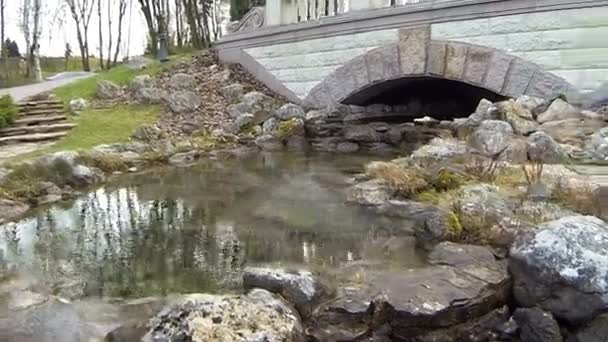 A small river flows under a stone bridge — Stock Video