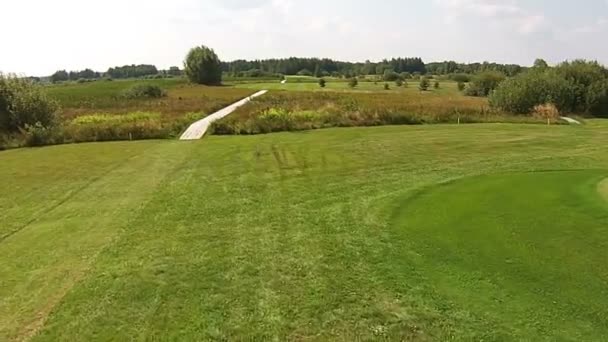 En drönare flyger över en grön golfbana med träbro över ett träsk — Stockvideo