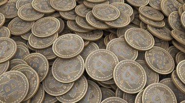 Bir sürü Bitcoin altın sikke. 3D render
