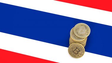 Bitcoin sikke yığını Tayland bayrağı üzerinde duruyor. 3D render