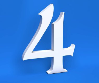 Mavi bir arka plan üzerinde beyaz sayı 4 (dört). 3D render