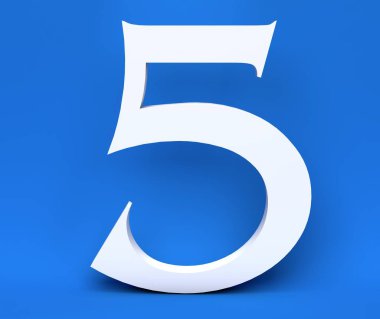 Mavi bir arka plan üzerinde beyaz sayı 5 (beş). 3D render