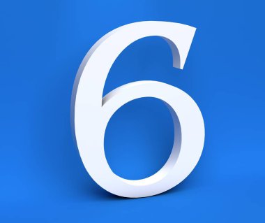 Mavi bir arka plan üzerinde beyaz sayı 6 (altı). 3D render