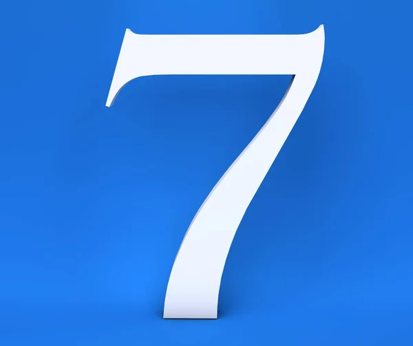 Branco número 7 (Sete) em um fundo azul. Renderização 3D — Fotografia de Stock