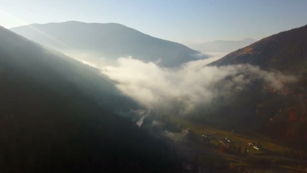 Veduta Aerea Del Campo Montagna Con Nebbia Mattutina — Video Stock