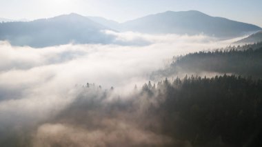 Bir sabah sis ile dağların havadan görünümü