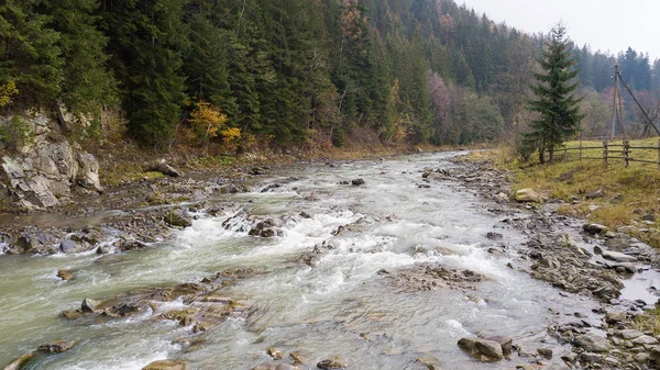 Aerial top view of a mountain river in the Carpathian Mountains — Stock Photo, Image