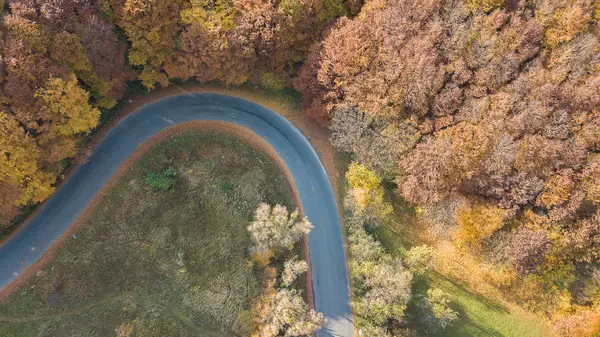 Luchtfoto van de weg in de bergen met serpentijn gaan door de rode bomen — Stockfoto