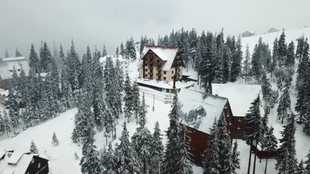 高山森林中白雪覆盖的木屋鸟瞰 — 图库视频影像