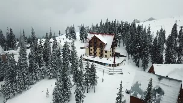 Vista Aérea Casas Madeira Cobertas Neve Floresta Montanhas — Vídeo de Stock