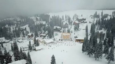 Noel ağaçları ile dağlarda kar kayak merkezi