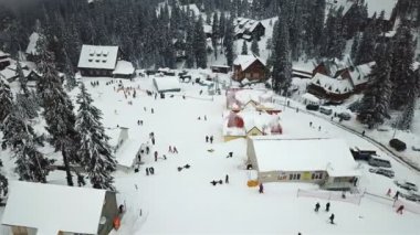 Noel ağaçları ile dağlarda kar kayak merkezi