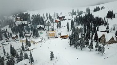 Noel ağaçları ile dağlarda kar kayak merkezi