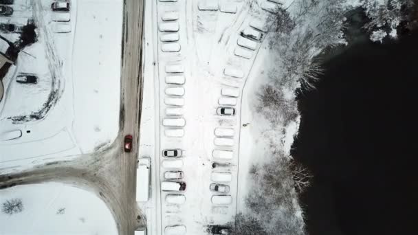 Vue Aérienne Route Enneigée Avec Voitures Hiver — Video