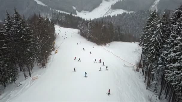 Joven Está Montando Una Tabla Snowboard Por Ladera Alpina — Vídeos de Stock