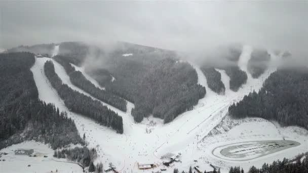 Schneebedecktes Skigebiet Den Bergen Mit Weihnachtsbäumen — Stockvideo