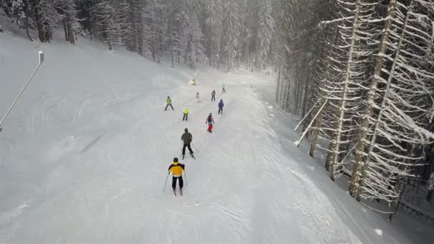 Muchos Esquiadores Snowboarders Descienden Por Pista Esquí — Vídeos de Stock