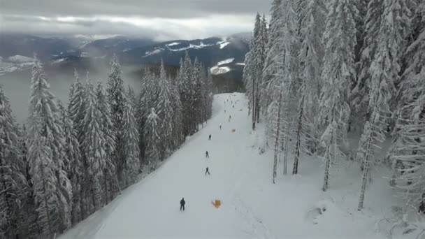 Skiërs Snowboarders Naar Beneden Helling Een Skigebied Bovenaanzicht — Stockvideo