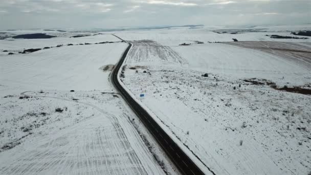 Uitzicht Vanuit Lucht Weg Van Winter Het Veld Waarop Auto — Stockvideo