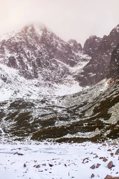 Vista de invierno de la montaña Tatranska Lomnica, con nieve — Foto de Stock