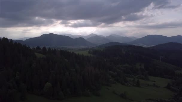 Letecký Pohled Zelené Stromy Slovenských Tatrách Při Západu Slunce — Stock video