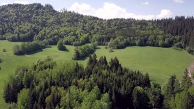 Slovak Tatralarında yeşil tarlası ve yolu olan dağların havadan görünüşü