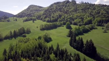 Slovak Tatralarında yeşil tarlası ve yolu olan dağların havadan görünüşü