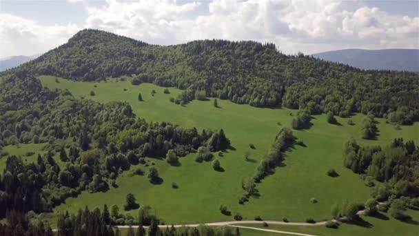 緑のフィールドとスロバキアタトラの道路と山の空中ビュー — ストック動画