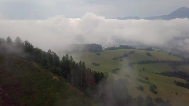 Antenn Morgon Berg Utsikt Dimman Low Tatras Med Stad Bakgrunden — Stockvideo