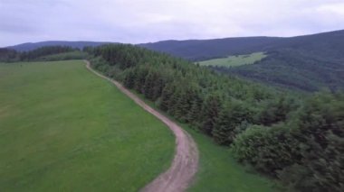 Slovak Tatralarında yeşil tarlası ve yolu olan dağların havadan görünüşü