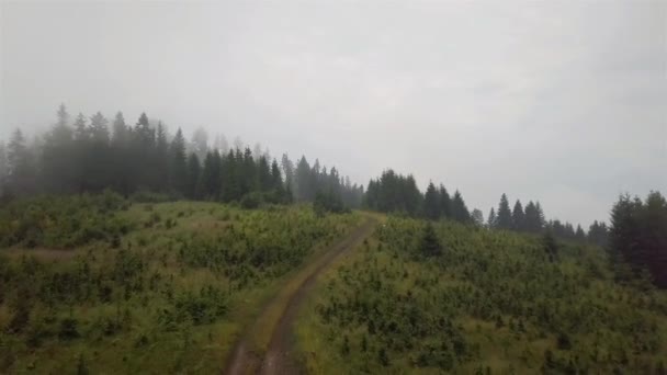 Vista Aérea Camino Montaña Que Eleva Durante Niebla Mañana — Vídeos de Stock