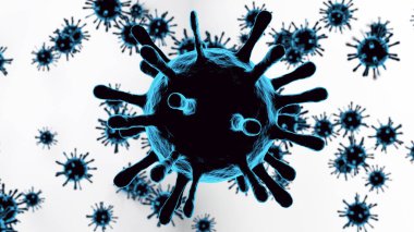 Beyaz zemin üzerinde birçok mavi Coronavirus 'un 3B modeli.