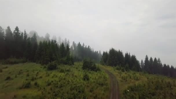 Vista Aérea Uma Estrada Montanha Que Sobe Durante Névoa Manhã — Vídeo de Stock