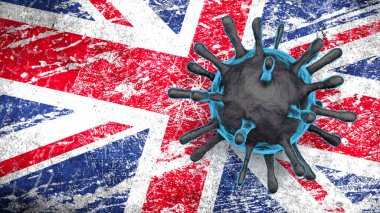 Büyük Britanya bayraklarında mavi Coronavirus 'un 3D modeli.