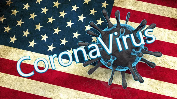 米国の国旗を背景にした青のコロナウイルスの3Dモデル Coronvirus Word — ストック写真