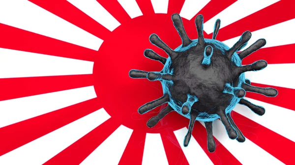 3D model of blue Coronavirus on a Japan flag background.