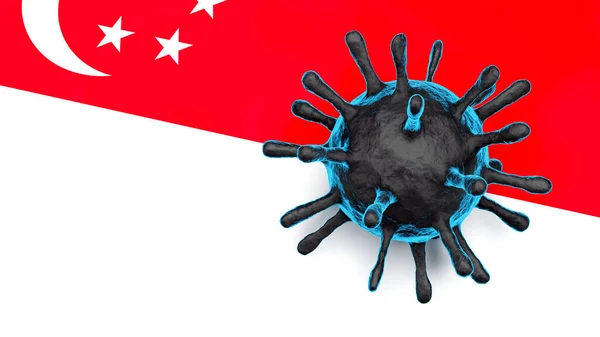 Model Van Blauw Coronavirus Een Singapure Vlag Achtergrond — Stockfoto