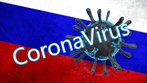 俄罗斯国旗背景上带有Coronavirus字样的蓝色Coronavirus三维模型 — 图库照片