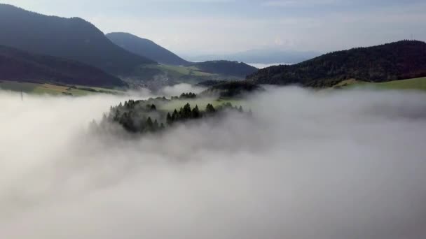 Flygfoto Över Kullar Med Skog Och Fält Bergen Vita Moln — Stockvideo