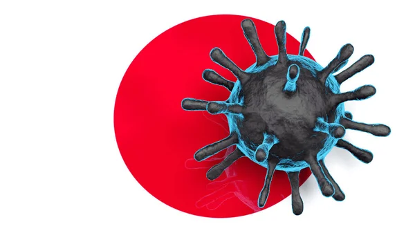 日本の国旗を背景にした青いコロナウイルスの3Dモデル — ストック写真