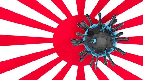 Model Niebieskiego Koronawirusa Tle Flagi Japonii — Zdjęcie stockowe