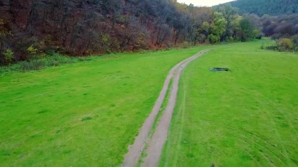 Widok Lotu Ptaka Wiejskiej Drogi Górach Wśród Zielonej Trawy — Wideo stockowe