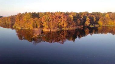 Teterev Nehri 'ndeki adanın hava manzarası. Sonbaharda, üzerinde sarı yapraklar olan ağaçlar.