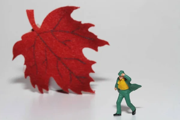 Miniatuur Van Een Oude Man Met Een Rode Herfstblad Achtergrond — Stockfoto