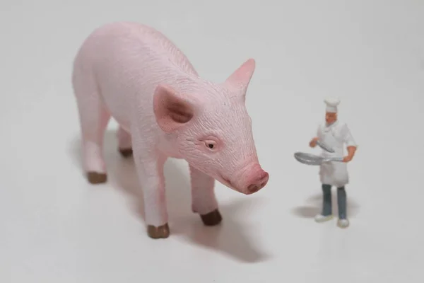 Miniatuur Van Koks Met Een Gigantische Varkensvlees — Stockfoto