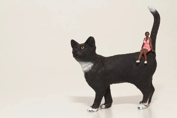 Miniatura Personas Pie Sobre Gato Negro Gigante —  Fotos de Stock