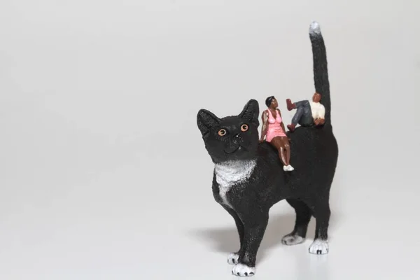 Miniatura Personas Pie Sobre Gato Negro Gigante — Foto de Stock