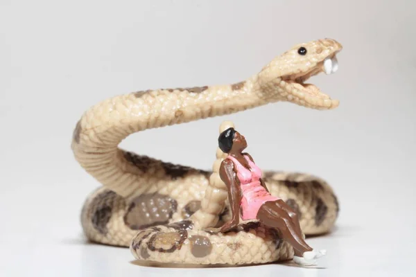 Miniature Black Woman Sitting Giant Rattlesnake — Stock Photo, Image