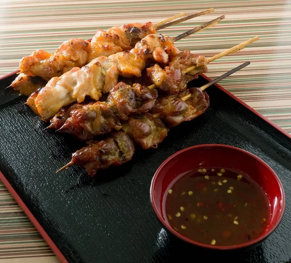 Barbecue Chicken Grilled Food on Bamboo Skewer — Stock Photo, Image