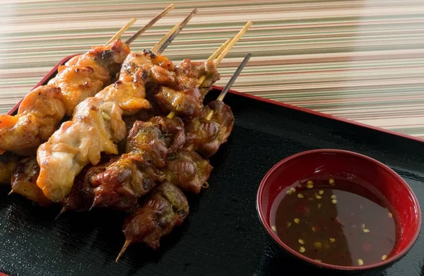 Barbecue Chicken or Chicken Grilled on Bamboo Skewer — Stock Photo, Image